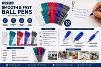 Pack of 60 Smooth & Fast Writing Ball Pens | Multi Color Use & Throw Pens | Fine Tip Blue Ink Pens for School, Office & Home
