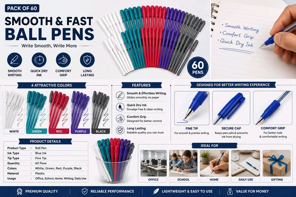 Pack of 60 Smooth & Fast Writing Ball Pens | Multi Color Use & Throw Pens | Fine Tip Blue Ink Pens for School, Office & Home