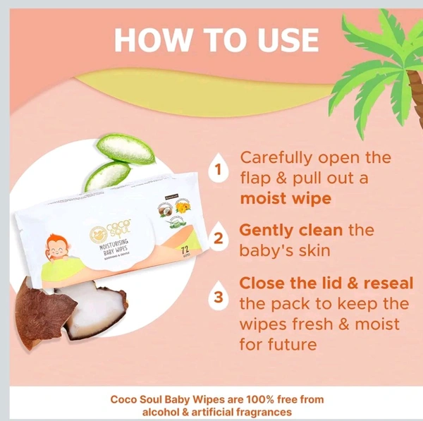 FREE HOME 🏡 DELIVERY 🚚 Coco Soul Moisturising Baby Wipes Nourished with Cold Press Virgin Coconut Oil | Aloe Vera | Mineral Oil & Silicone Free | From the Makers of Parachute Advansed (72 Wipes)
