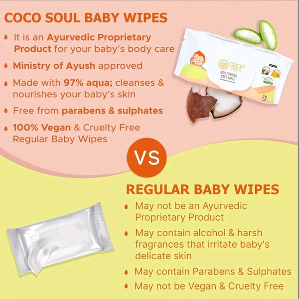 FREE HOME 🏡 DELIVERY 🚚 Coco Soul Moisturising Baby Wipes Nourished with Cold Press Virgin Coconut Oil | Aloe Vera | Mineral Oil & Silicone Free | From the Makers of Parachute Advansed (72 Wipes)