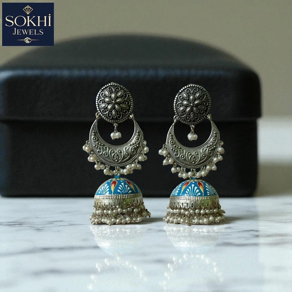 SOKHI Jewels Rajasthani Hand-Painted Silver Replica Jhumka Earrings with Pearl Detailing – Traditional Ethnic Dome Earrings for Women & Girls