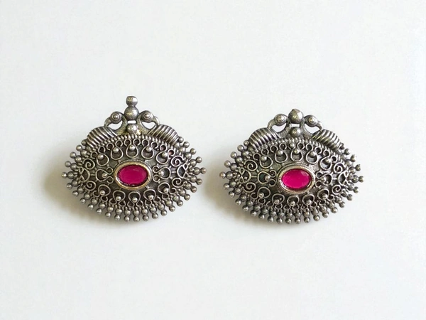 Oxidized Stud Earrings with Stone for Women - Ethnic Tribal Jewelry - Alizarin Crimson