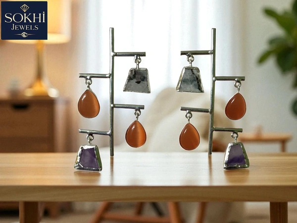 Sokhi Jewels Versatile Monalisa Stone Dangler Earrings Set - Silver Tone - Modern Ethnic Design for Women