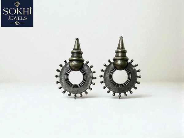 SOKHI Jewels Antique Tribal Gear Stud Earrings – Silver Replica Round Spike Design for Women & Girls