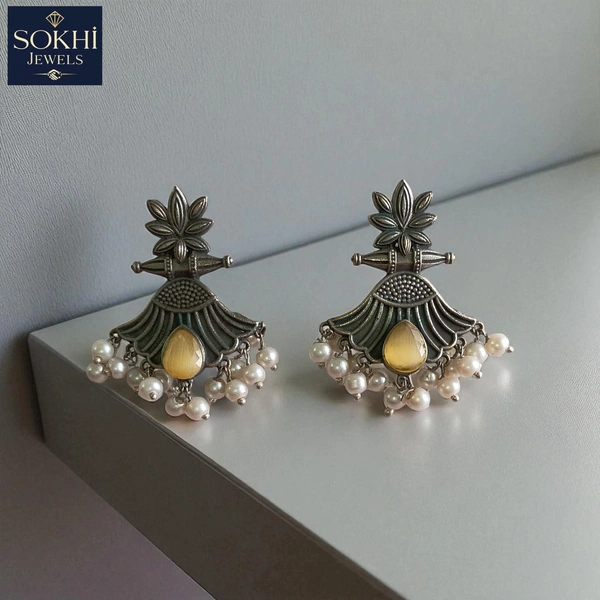 Sokhi Jewels Designer Silver Replica Jhumka Earrings with Pearl Fringe & Golden Drop – Ethnic Wear for Weddings & Celebrations for Women & Girls