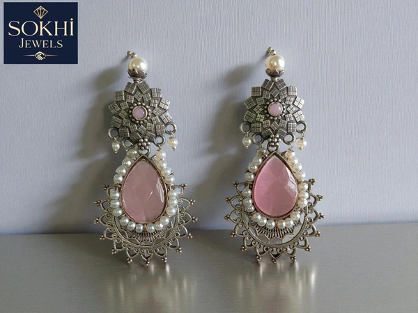 Sokhi Jewels Silver Replica Earrings with Pink Teardrop Stone & Pearl Halo – Festive Jhumka for Ethnic & Bridal Looks for Women & Girls
