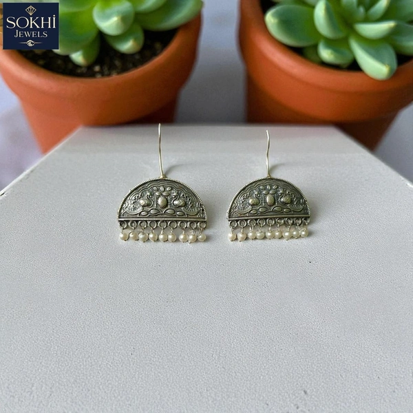 Sokhi Jewels Antique Silver Replica Hook Earrings with Intricate Design & Pearl Drops – Ethnic Statement Jewelry for Festive & Wedding Wear for Women & Girls