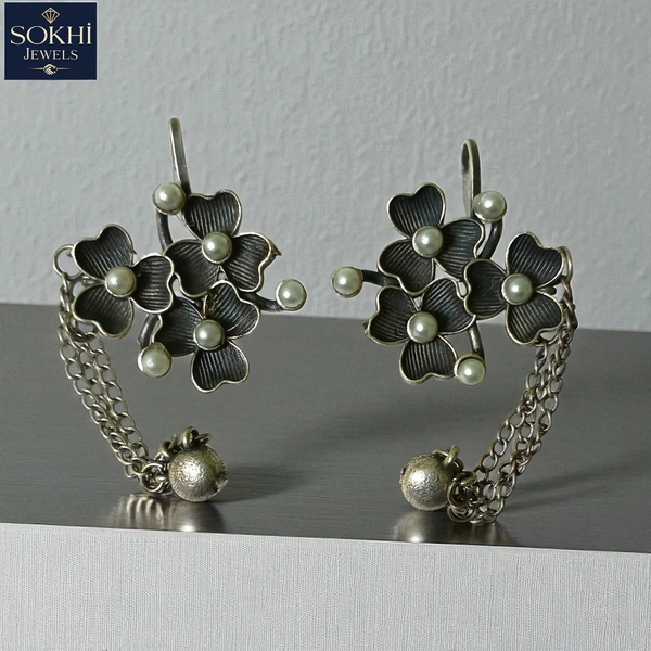 Sokhi Jewels Elegant Floral Pearl Chain Earrings With Earcuff – Silver Replica Petal Design with Spherical Bead Drop for Festive & Ethnic Wear for Women & Girls