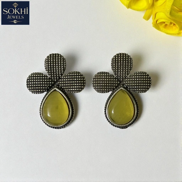 Sokhi Jewels Elegant Silver Replica Earrings with Yellow Teardrop Stone – Stylish Ethnic Danglers for Festive & Casual Wear for Women & Girls - Pear