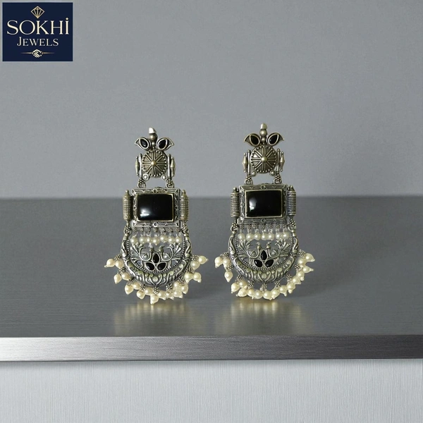 Sokhi Jewels Silver Replica Earrings with Black Stone & Pearl Detailing – Elegant Ethnic Jewelry for Festive & Traditional Wear for Women & Girls