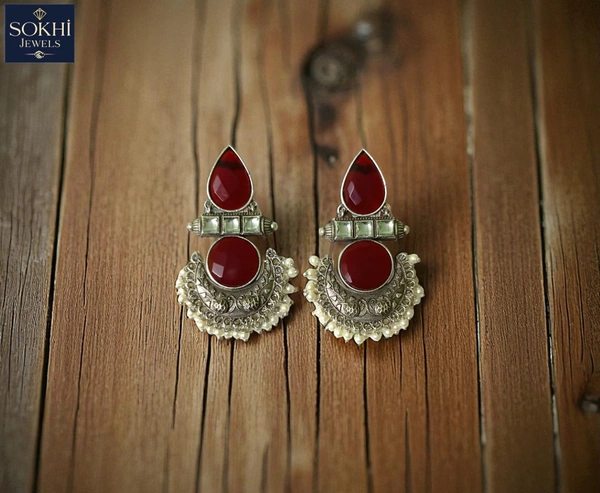 Sokhi Jewels Traditional Silver Replica Earrings with Red Stones & Pearl Accents – Intricate Ethnic Jewelry for Weddings & Festive Wear for Women & Girls