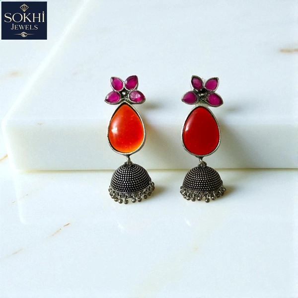 Sokhi Jewels Elegant Red Teardrop Jhumka Earrings – Silver Replica Floral Studs with Pink Accents & Beaded Dome Design for Festive & Bridal Wear for Women & Girls