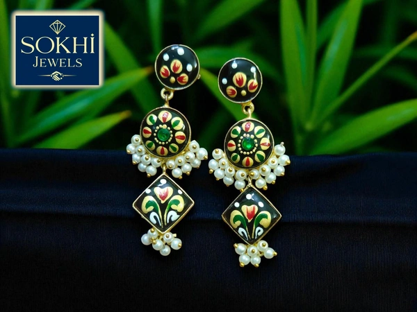 Sokhi Jewels Multicolor Enamel & Pearl Dangle Earrings – Handcrafted Ethnic Floral Design for Festive & Bridal Wear for Women & Girls