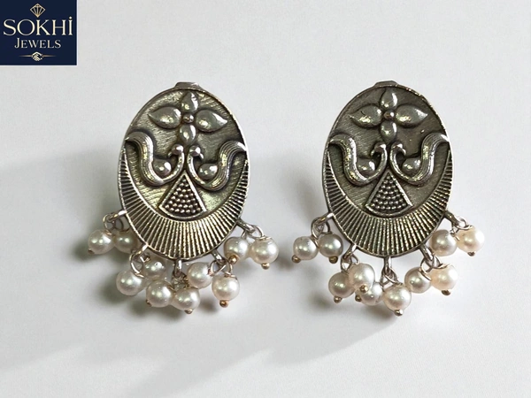 Sokhi Jewels Silver Replica Dangler Earrings with Intricate Oval Design & Pearl Drops – Ethnic Statement Jewelry for Festivals & Weddings for Women & Girls