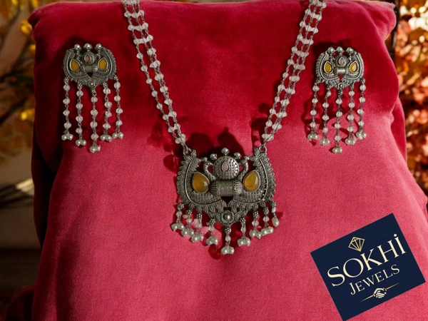 Sokhi Jewels Silver Replica Crystal Chain Yellow Stone Necklace & Earring Set – Traditional Design with Pearl Drops Festive Indian Jewelry for Women