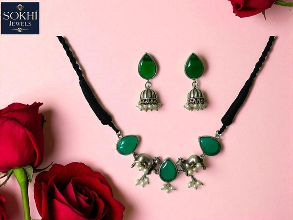 Sokhi Jewels Silver Replica Ethnic Necklace & Earrings Set – Green Teardrop Stones with Pearl Drops on Braided Black Cord for Festive & Spiritual Wear for Women & Girls - Green
