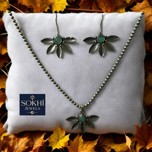 Sokhi Jewels Floral Turquoise Necklace & Earrings Set – Antique Silver Replica Design with Beaded Chain for Festive & Ethnic Wear for Women & Girls