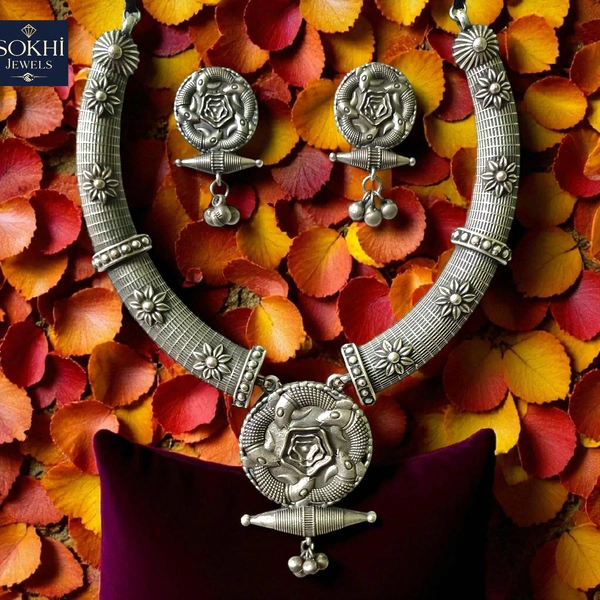 Sokhi Jewels Silver Replica Floral Necklace & Earrings Set – Intricate Handcrafted Design with Antique Finish for Ethnic & Festive Wear for Women & Girls
