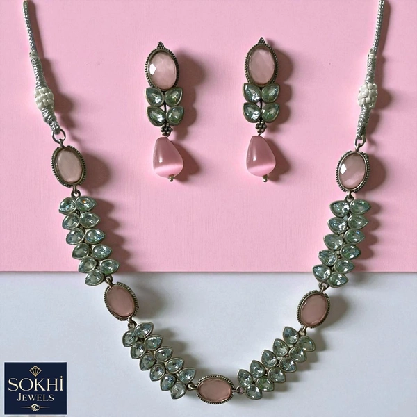 Sokhi Jewels Pink Stone Necklace & Earrings Set – Antique Silver Replica Floral Design for Bridal, Festive & Ethnic Wear for Women & Girls