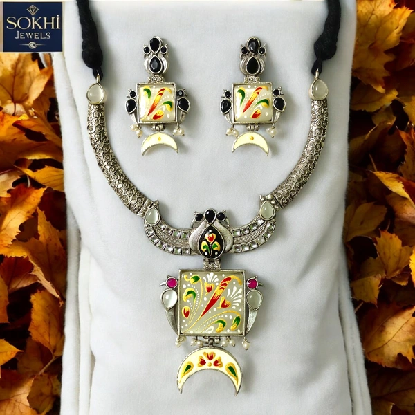Sokhi Jewels Floral Necklace & Earrings Set – Red & Green Stonework on Silver Replica Finish with Pearl Drops for Ethnic, Bridal & Festive Wear for Women & Girls