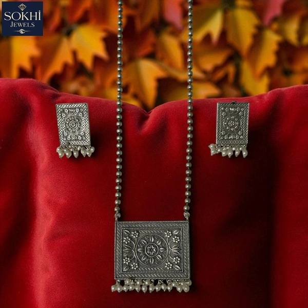 Sokhi Jewels Silver Replica Pendant & Earring Set – Handcrafted Ethnic Design with Pearl Accents Traditional Wear for Women
