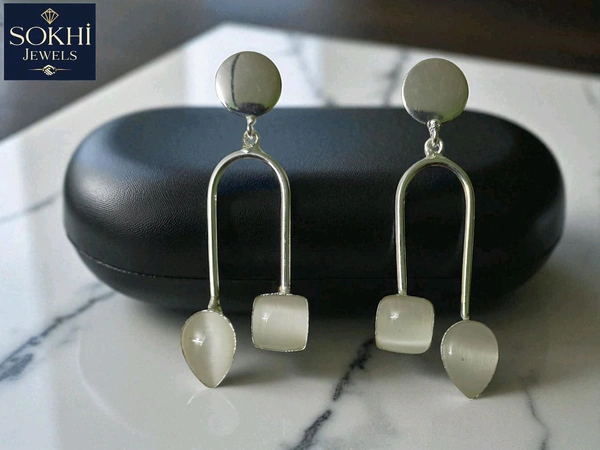 Sokhi Jewels Silver Toned Drop Earrings – Monalisa Stone Teardrop with Square Accent, Geometric Statement Jewelry for Women - White