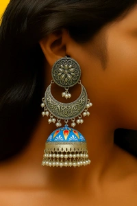 SOKHI Jewels Rajasthani Hand-Painted Silver Replica Jhumka Earrings with Pearl Detailing – Traditional Ethnic Dome Earrings for Women & Girls