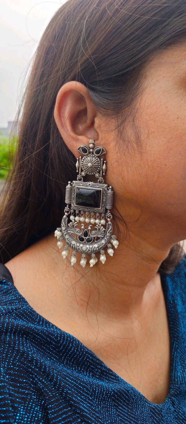 Sokhi Jewels Silver Replica Earrings with Black Stone & Pearl Detailing – Elegant Ethnic Jewelry for Festive & Traditional Wear for Women & Girls