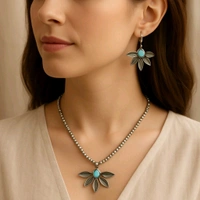 Sokhi Jewels Floral Turquoise Necklace & Earrings Set – Antique Silver Replica Design with Beaded Chain for Festive & Ethnic Wear for Women & Girls
