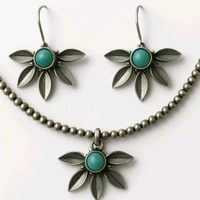 Sokhi Jewels Floral Turquoise Necklace & Earrings Set – Antique Silver Replica Design with Beaded Chain for Festive & Ethnic Wear for Women & Girls