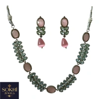 Sokhi Jewels Pink Stone Necklace & Earrings Set – Antique Silver Replica Floral Design for Bridal, Festive & Ethnic Wear for Women & Girls