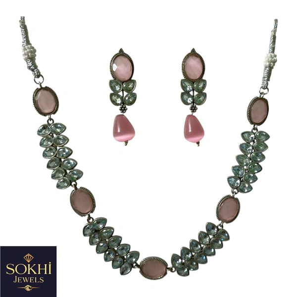 Sokhi Jewels Pink Stone Necklace & Earrings Set – Antique Silver Replica Floral Design for Bridal, Festive & Ethnic Wear for Women & Girls