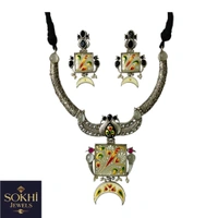 Sokhi Jewels Floral Necklace & Earrings Set – Red & Green Stonework on Silver Replica Finish with Pearl Drops for Ethnic, Bridal & Festive Wear for Women & Girls