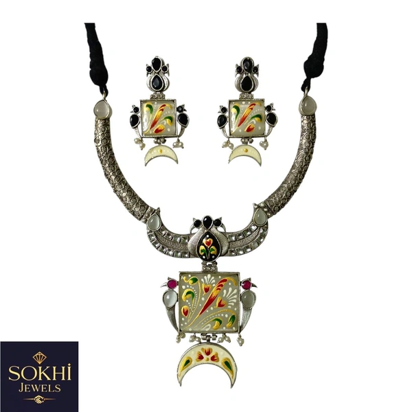 Sokhi Jewels Floral Necklace & Earrings Set – Red & Green Stonework on Silver Replica Finish with Pearl Drops for Ethnic, Bridal & Festive Wear for Women & Girls