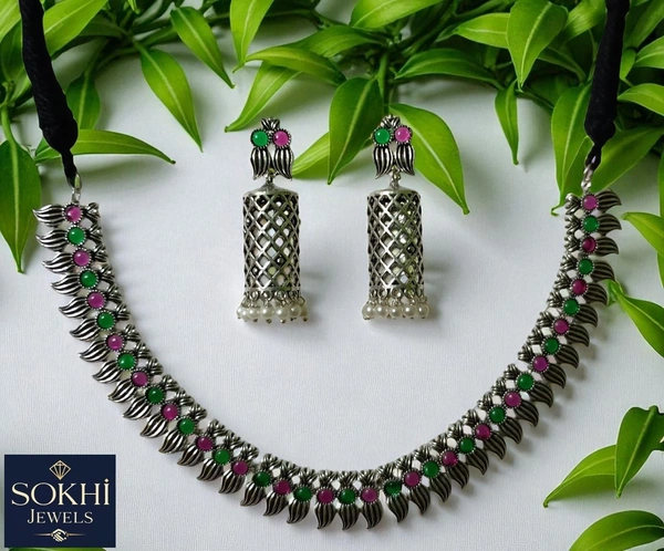 Sokhi Jewels Silver Replica Necklace & Earrings Set with Pink and Green Stones – Ethnic Floral Design for Wedding & Festive Wear for Women & Girls