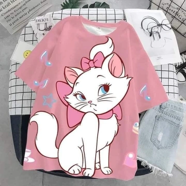 Pink white kitty T-shirt - S, Pink