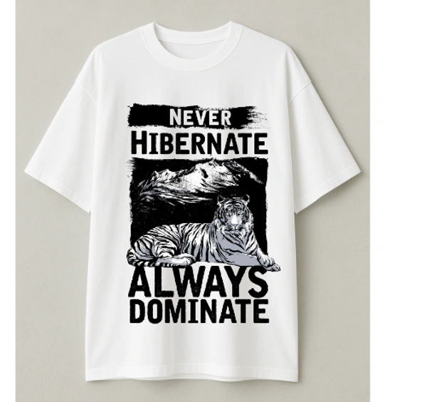 "Never Hibernate, Always Dominate" Tiger Graphic Tshirt - L, Black