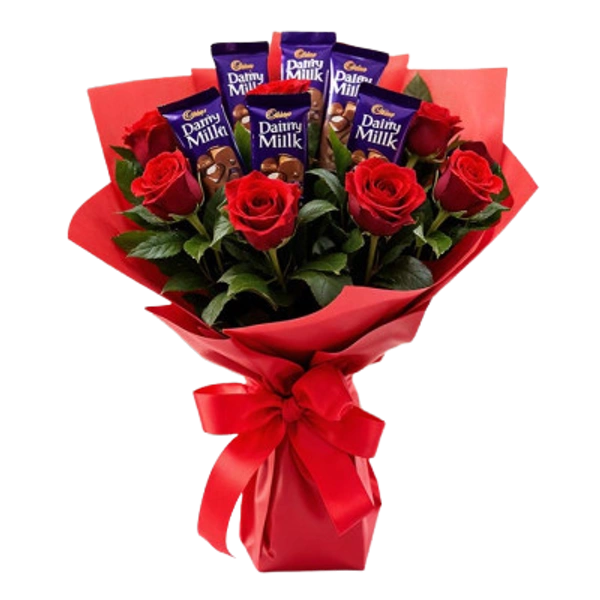 Red Rose with Chocolate - 7 Red Roses & 6 Chocolates