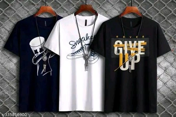 Catalog Name:*SUPERSQUAD Men's Tshirts*
Fabric: Cotton
Sleeve Length: Short Sleeves
Pattern: Printed
Net Quantity (N): 3
Sizes:
S (Chest Size: 36 in, Length Size: 27 in) 
M (Chest Size: 38 in, Length Size: 28 in) 
L (Chest Size: 40 in, Length Size: 29 in) 
XL (Chest Size: 42 in, Length Size: 30 in) 