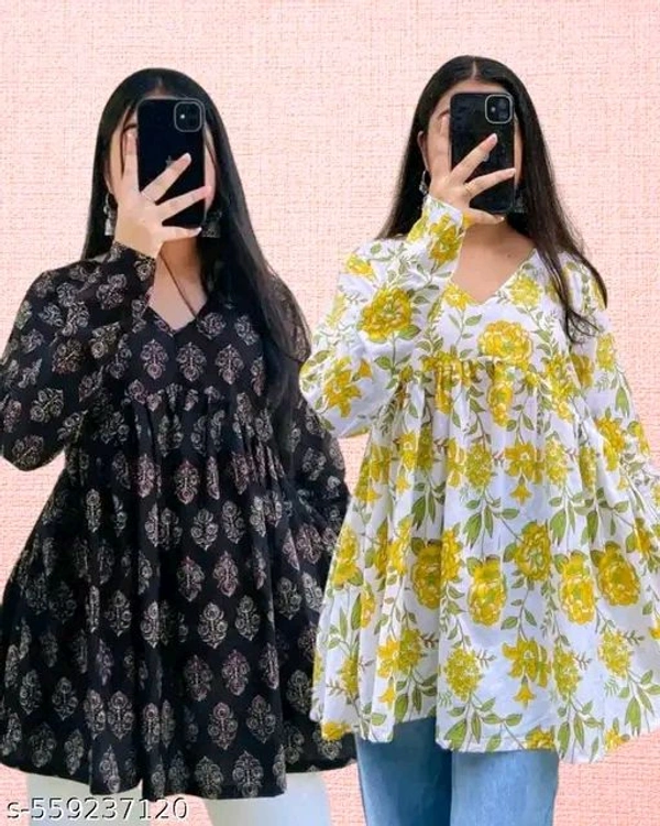 Combo of 2 Short Cotton Kurtis for Women | Stylish Printed Empire Tops for Daily & Office Wear | V-Neck Ethnic Tops for Jeans | Summer Collection 2025 Country Of Origin: India - XL