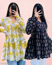 Combo of 2 Short Cotton Kurtis for Women | Stylish Printed Empire Tops for Daily & Office Wear | V-Neck Ethnic Tops for Jeans | Summer Collection 2025 Country Of Origin: India - XL