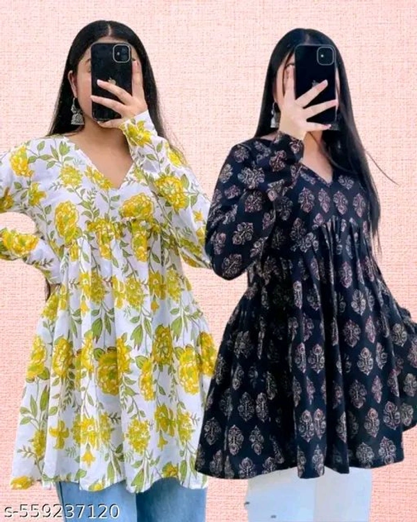 Combo of 2 Short Cotton Kurtis for Women | Stylish Printed Empire Tops for Daily & Office Wear | V-Neck Ethnic Tops for Jeans | Summer Collection 2025 Country Of Origin: India - XL