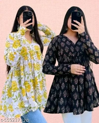 Combo of 2 Short Cotton Kurtis for Women | Stylish Printed Empire Tops for Daily & Office Wear | V-Neck Ethnic Tops for Jeans | Summer Collection 2025 Country Of Origin: India - XXL