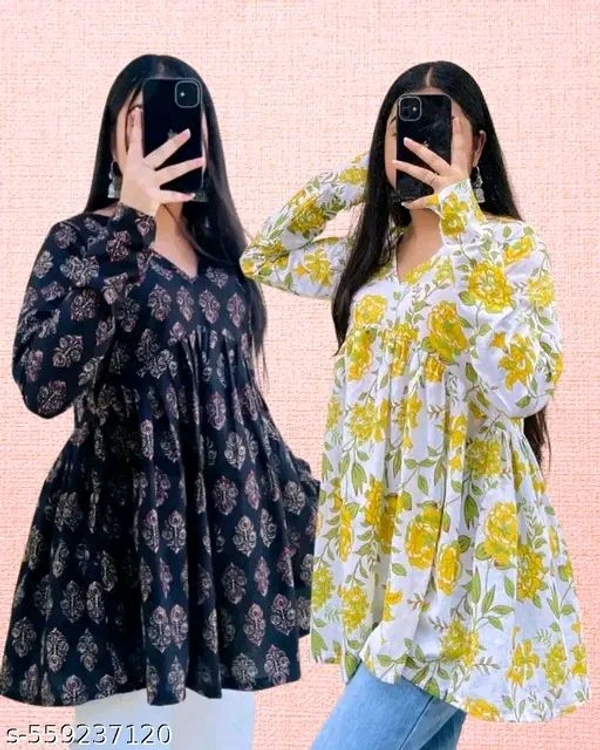Combo of 2 Short Cotton Kurtis for Women | Stylish Printed Empire Tops for Daily & Office Wear | V-Neck Ethnic Tops for Jeans | Summer Collection 2025 Country Of Origin: India - XXL