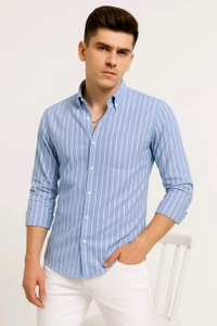 men's light blue and white striped casual shirt. - Viking, XL