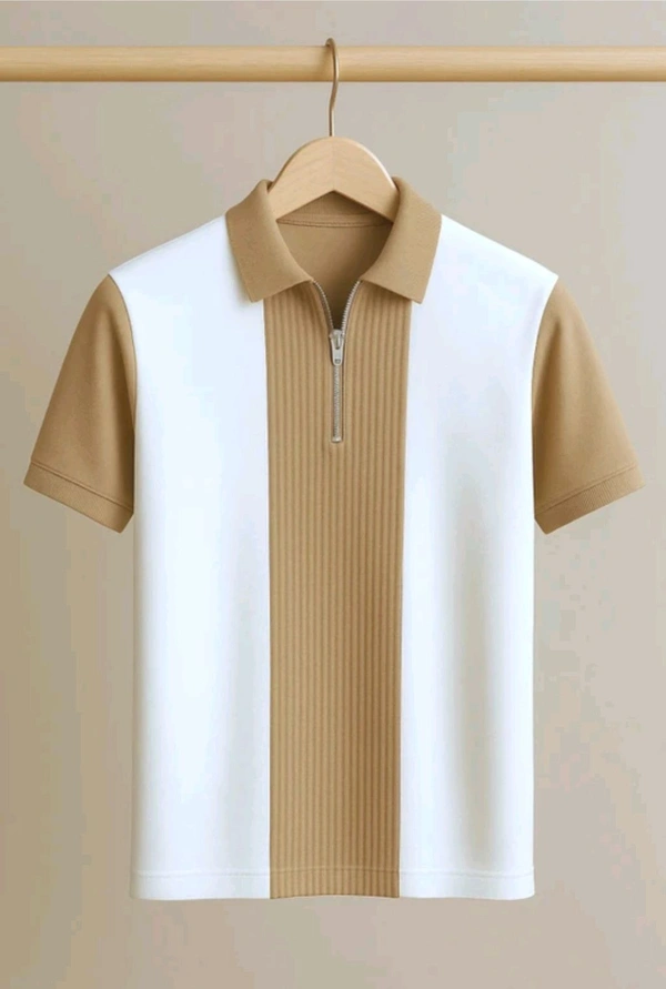 ManKart Premium Half-Zip Polo T-Shirt – Beige & White Contrast - XL, Camel Beige
