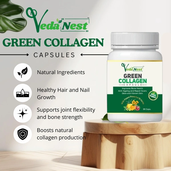 Vedanest Green Collagen Capsules for Hair, Skin and Nail Support, 30 Count, Natural Herbal Supplement (Buy 1 and Get 1)