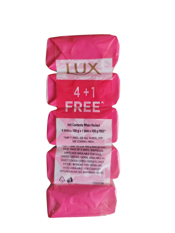 Hindustan Unilever Limited. Lux Rose Soap - 4 Units × 100 gm + 1unit 100 gm Free.