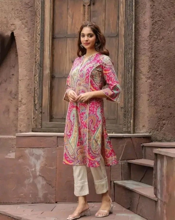 Stylish Pink Rayon Kurti With Lace Work - Blush Pink, M
