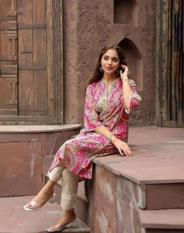 Stylish Pink Rayon Kurti With Lace Work - Blush Pink, 4XL